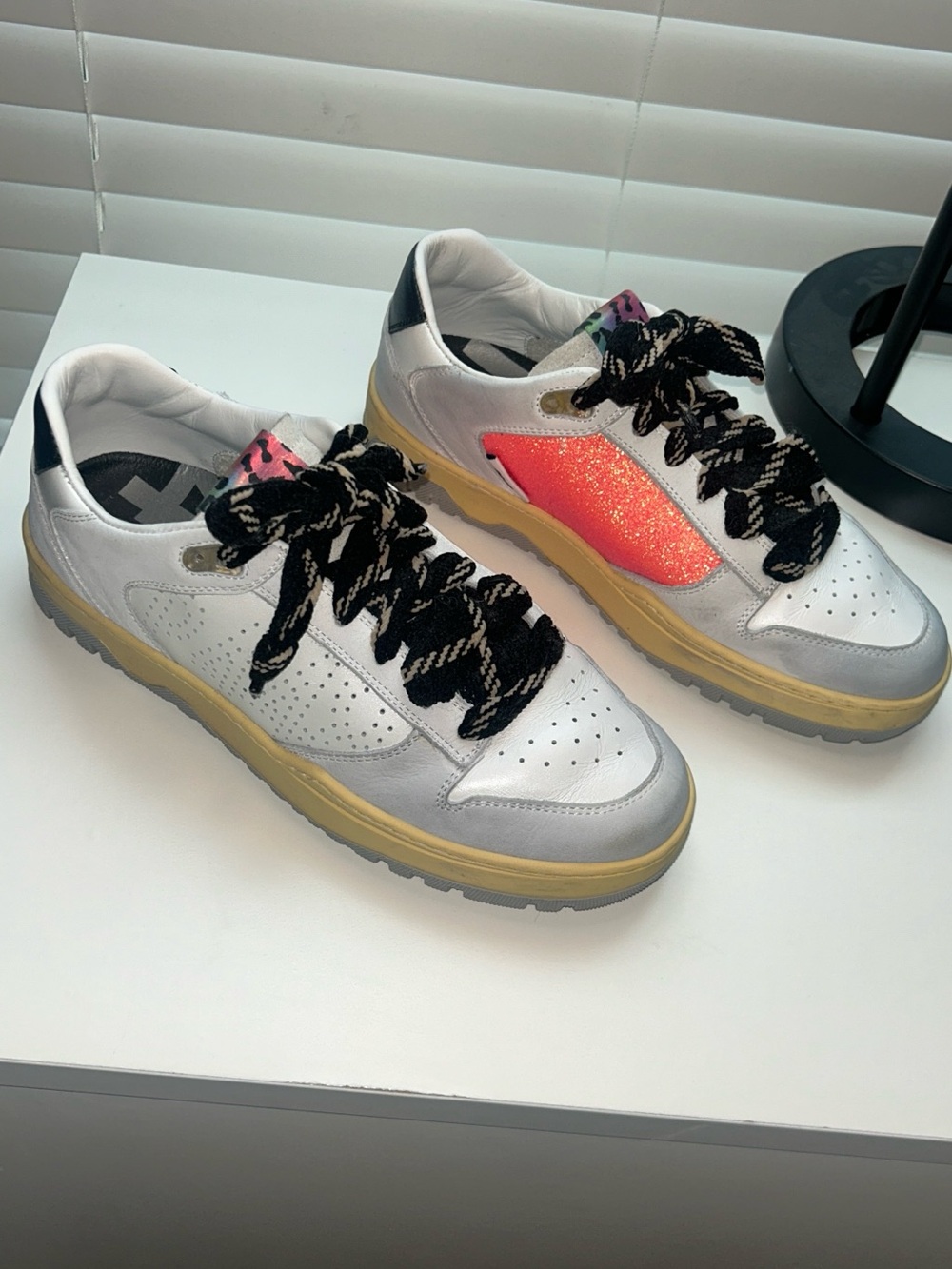 P448 White Sneakers with Pink Glitter Side Panel and Black Laces